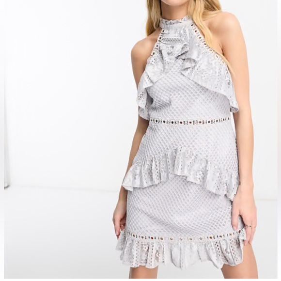 True Decadence Dresses & Skirts - True Decadence Gray Jacquard Ruffle Mini Dress Size 10 Wedding Guest